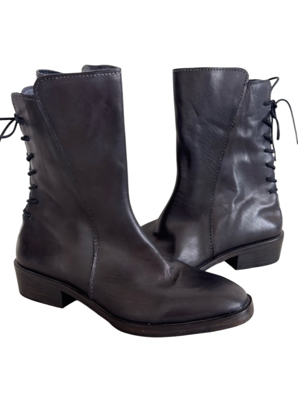 Vintage Foundry Annabelle Black Leather Lace Back Boots Size 7